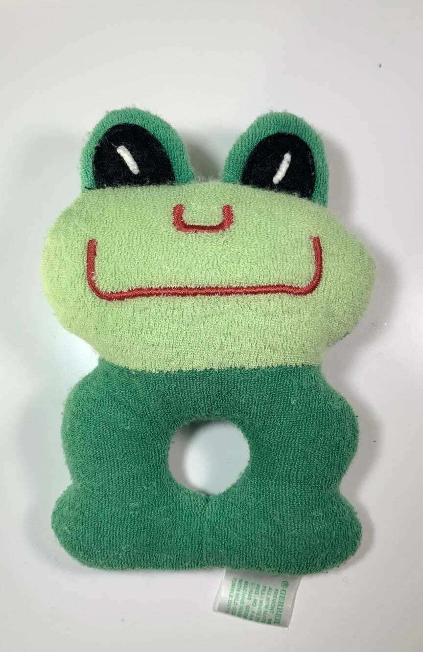 Vintage 1988 Green Frog Terry Cloth Gerber Baby Rattle